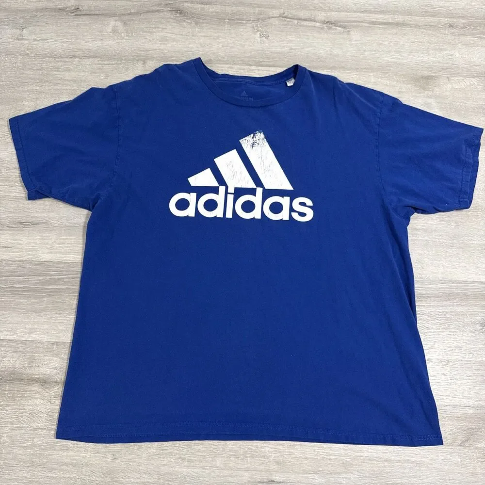 Adidas Shirt Men’s Blue 2XL The Go-To Tee Big Logo Cotton Athletic Crew Neck
